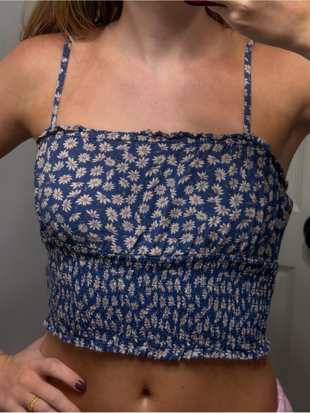 American Eagle Outfitters Blue Daisy Smocked Cropped Tank
